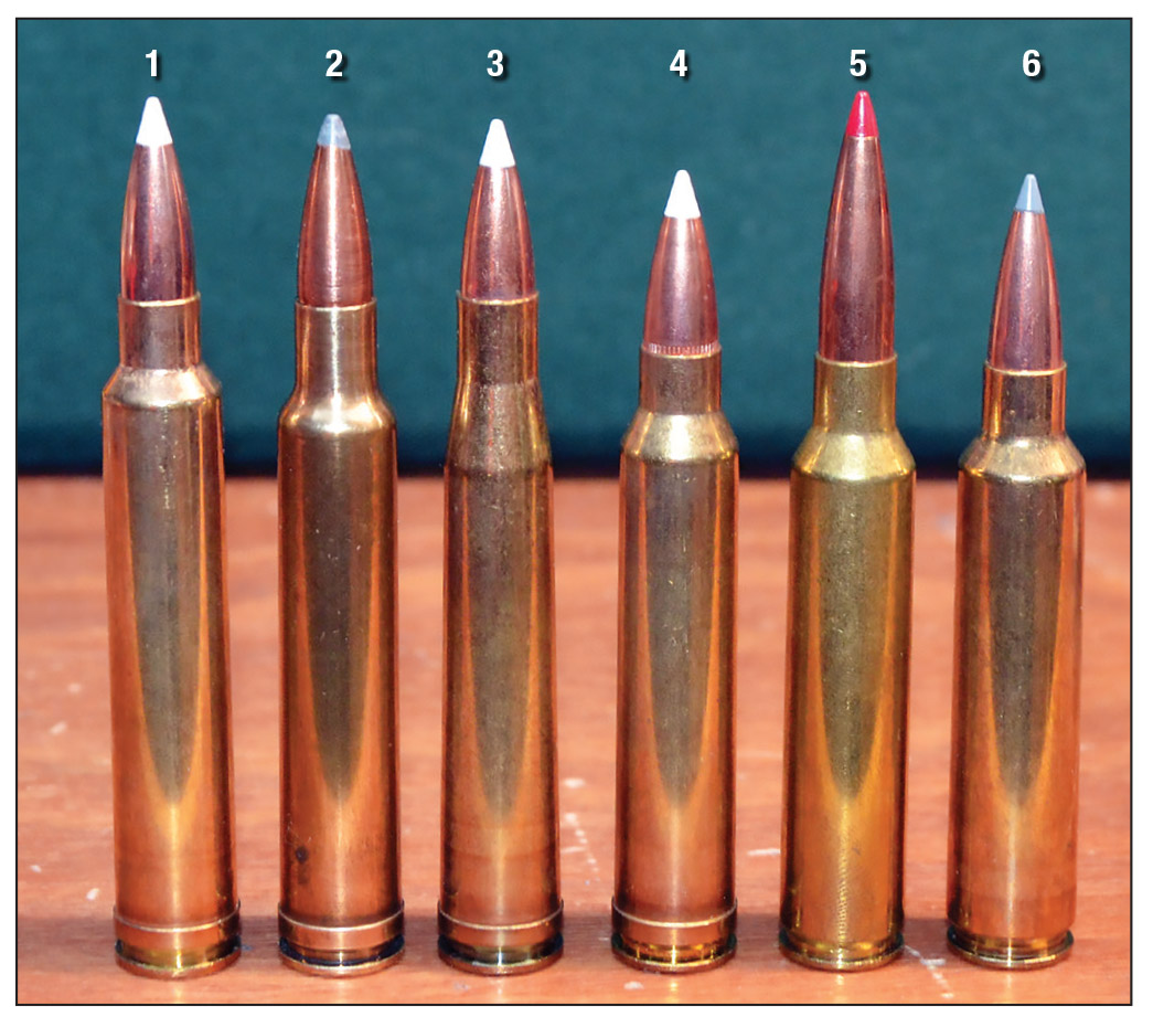 The 300 Jarrett is shown here with some of its older and newer competition. In a pinch, 300 Weatherby Magnum and 300 H&H Magnum factory ammunition can be fired in a rifle chambered for the 300 Jarrett. Shown are: (1) 300 Jarrett, (2) 300 Weatherby Magnum, (3) 300 H&H Magnum, (4) 300 Winchester Magnum, (5) 300 PRC and (6) 30 Nosler.